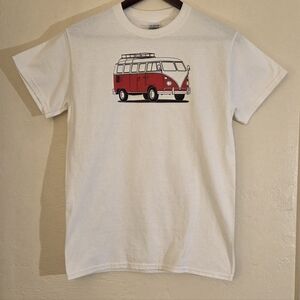 NWT Gildan White Unisex T-Shirt with Vintage Red Bus
